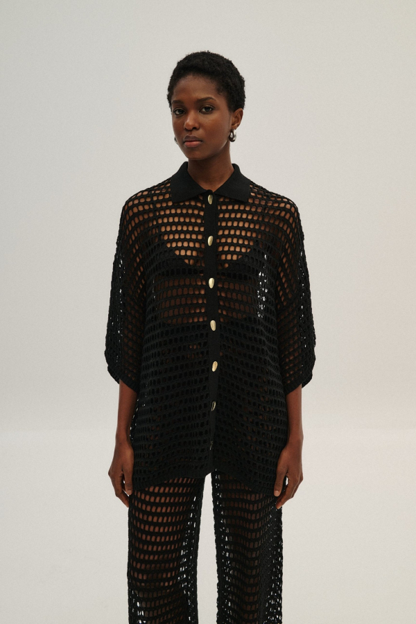BLOUSE NET GOLD BUTTONS - BLACK