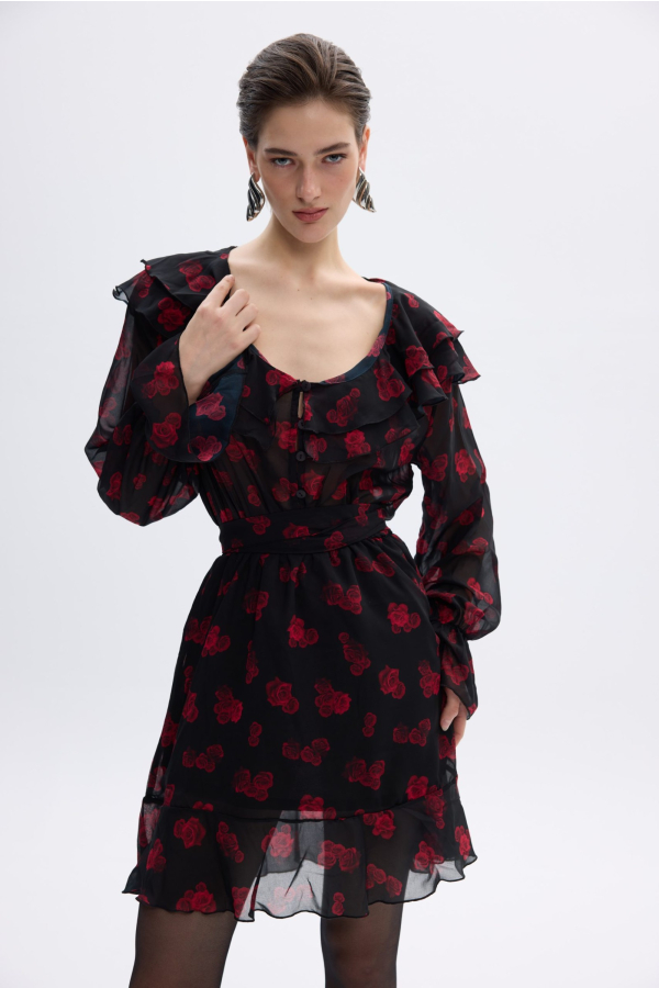 RED BLOOM DRESS - BLACK/FLOWERS