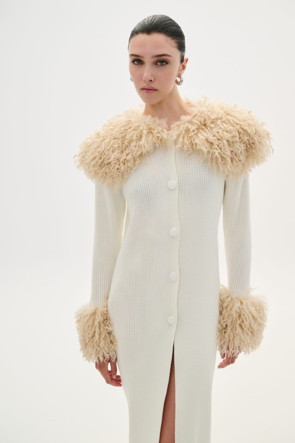 CARDIGAN WITH FAUX FUR - ECRU