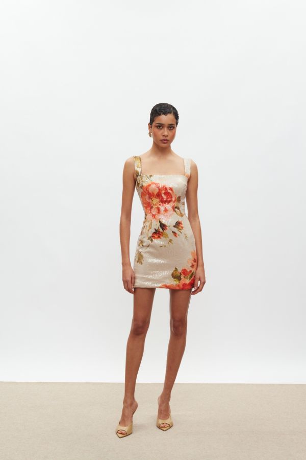 KALI ΜΙΝΙ SEQUIN DRESS - BEIGE/ORANGE FLORAL