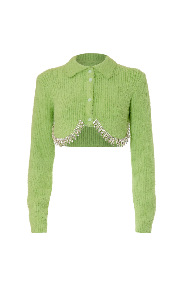CROPPED CRYSTAL KNIT CARDIGAN - MINT