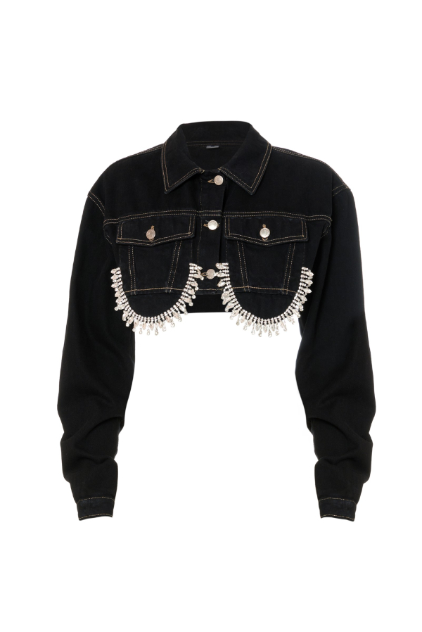CROPPED JEANS JACKET WITH CRYSTAL DETAIL - BLACK