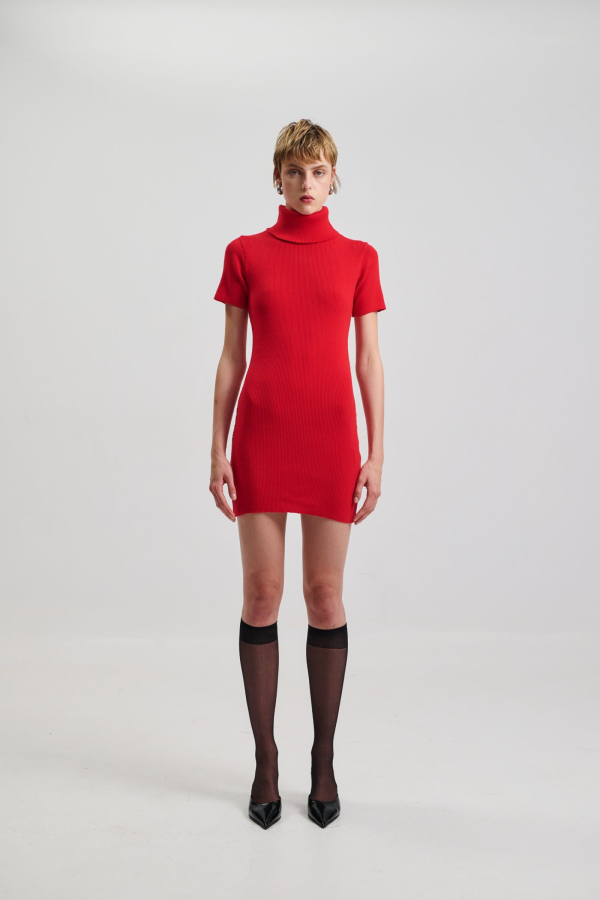 DRESS TURTLENECK RIBBED MINI - RED