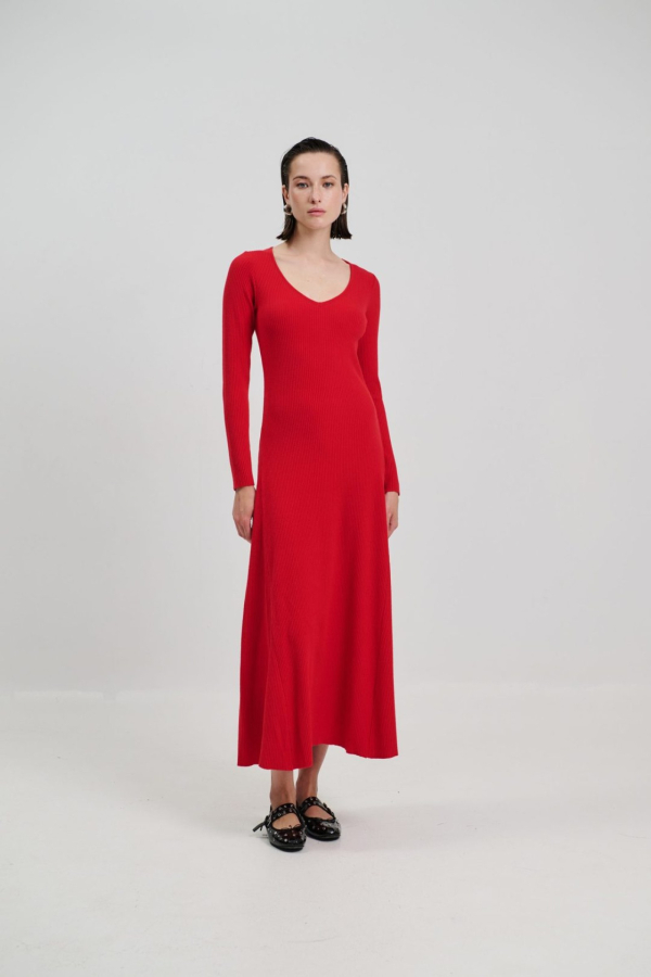 DRESS V MAXI RIBBED - RED