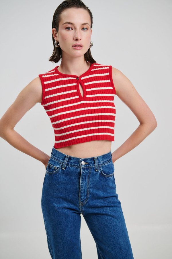 TOP STRIPED BUTTON - ECRU/RED