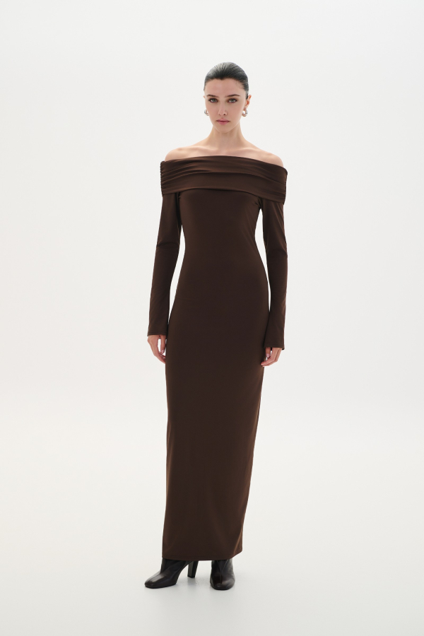 DRESS MAXI OFF SHOULDER - BROWN