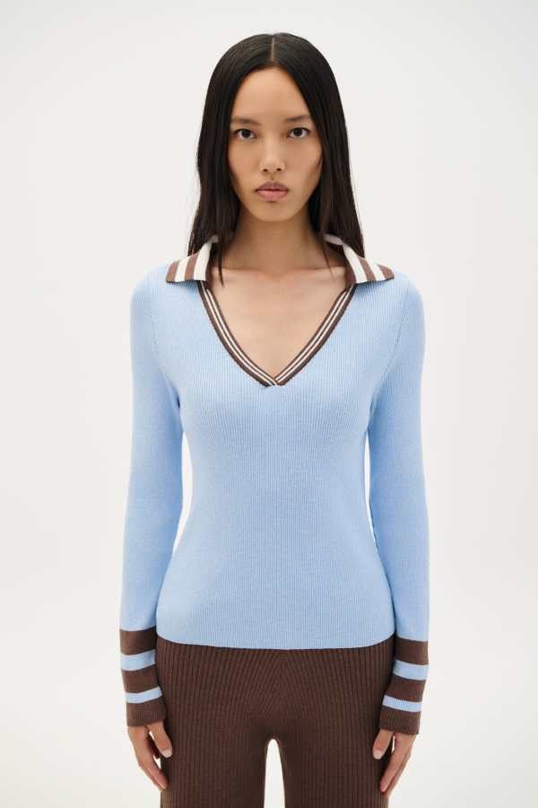 BLOUSE POLO V - LGHT/BLUE - BROWN/ECRU