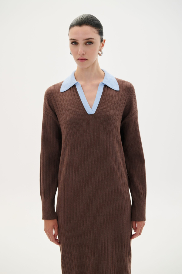 DRESS MAXI V POLO - BROWN/LIGHT BLUE